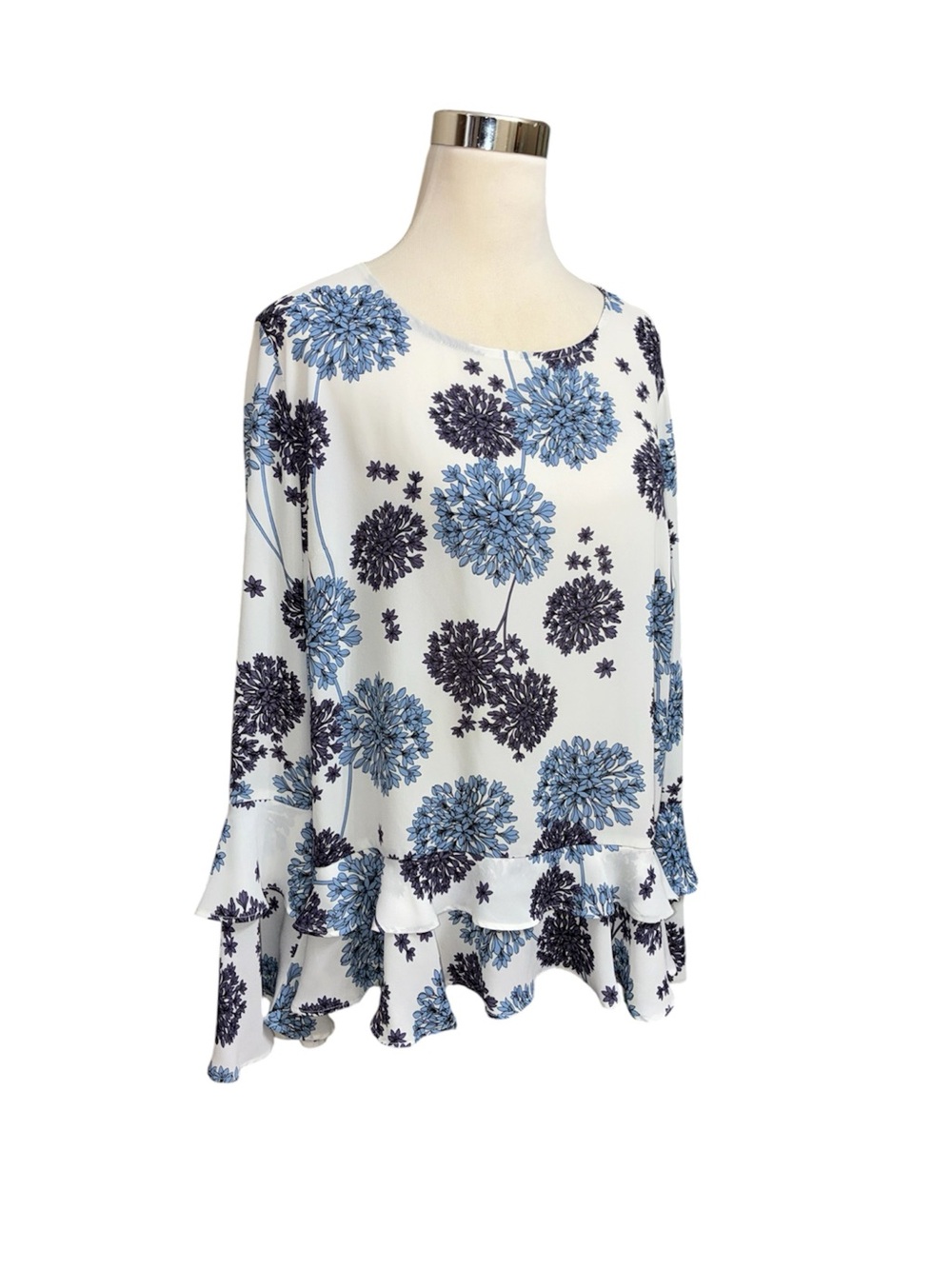 Tiered Floral Blouse with Trumpet Sleeves